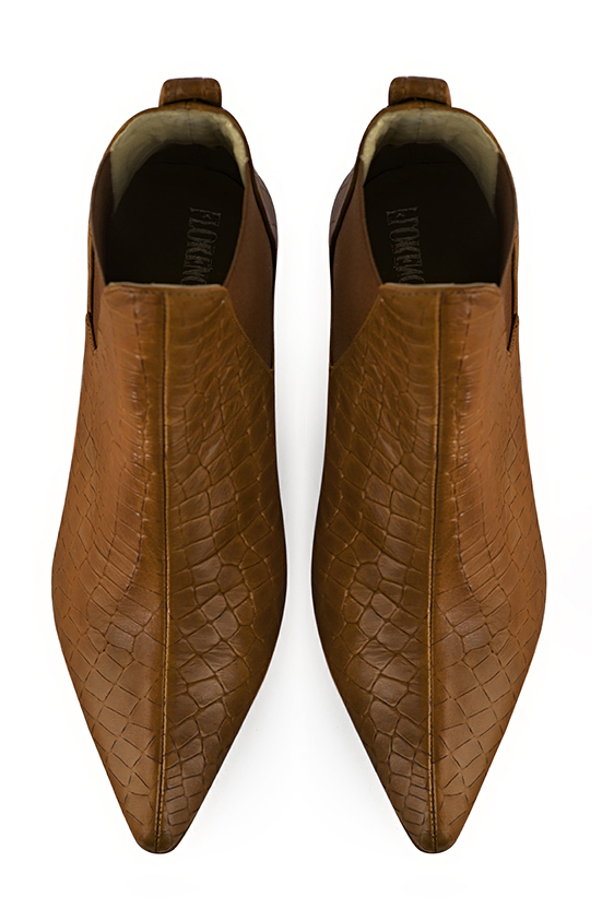 Caramel brown women's ankle boots, with elastics. Tapered toe. Low flare heels. Top view - Florence KOOIJMAN